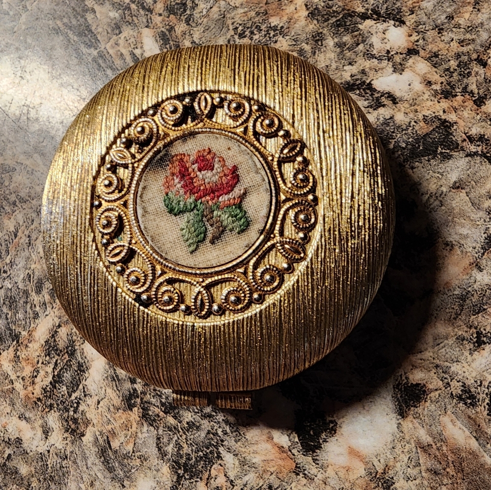 Vintage 1950s Revlon Gold Brushed Powder Compact w Petit Point Rose Embroidery